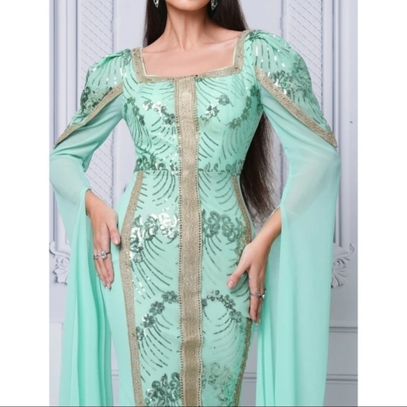 Mint Square Neck, Contrast Sequined, Split Thigh, Long Sleeved,  Mermaid Gown - Picture 14 of 16